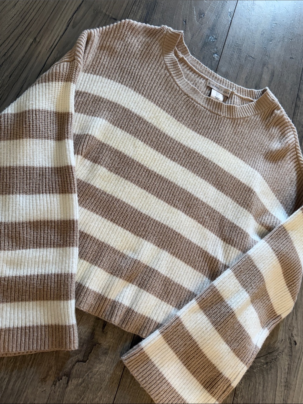 Cream & Tan Striped Crewneck Sweater